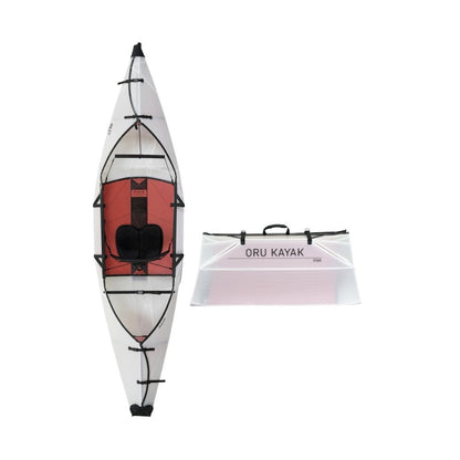 Casavibeo Oru Inlet fold-up single kayak displayed on water, showing its compact, portable design and sleek kayak shape.