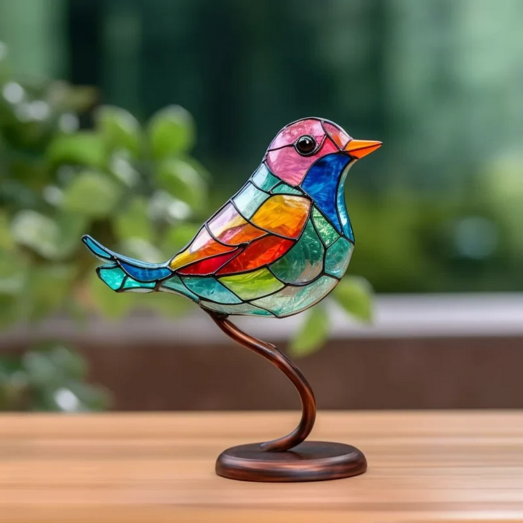 Colorful bird desktop ornaments on a branch, decorative home and garden decor by Belro, featuring vibrant bird figures.