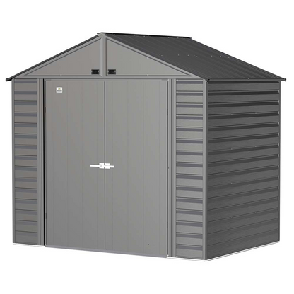 Casavibeo Arrow Select 8 ft. x 6 ft. charcoal metal storage shed with double doors and vented roof for outdoor organization.