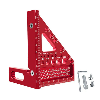 Mivoza aluminium woodworking square with drill guide holes, 90° and 45° angles, for precise measuring and layout in carpentry projects.