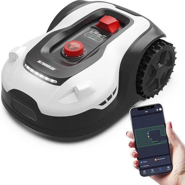 Casavibeo Wild Badger Power Sunseeker L Robotic Lawn Mower on a lawn, showing its sleek design and cutting blades.