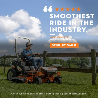 Stihl RZ 560 K commercial 60-inch zero-turn lawn mower with durable steel deck and comfortable operator seat.