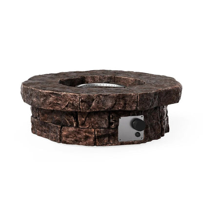 Red Barrel Studio Kimily propane outdoor fire pit with a round metal design and burning flames, perfect for outdoor gatherings.