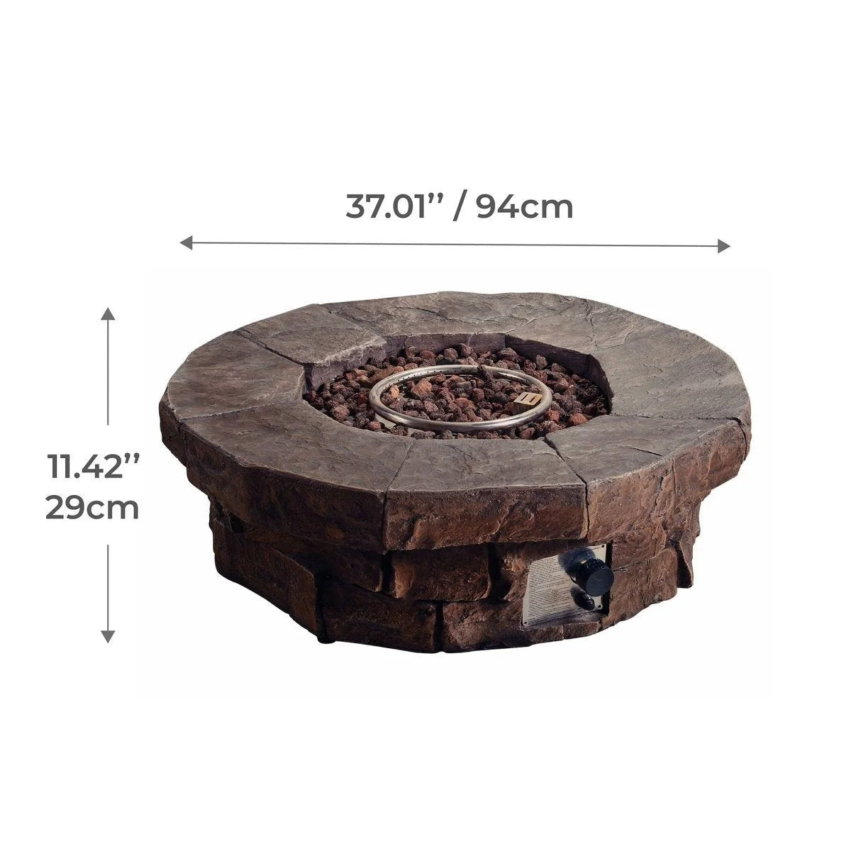 Red Barrel Studio Kimily propane outdoor fire pit with black metal bowl and decorative stone base, ideal for patio heating and ambiance.