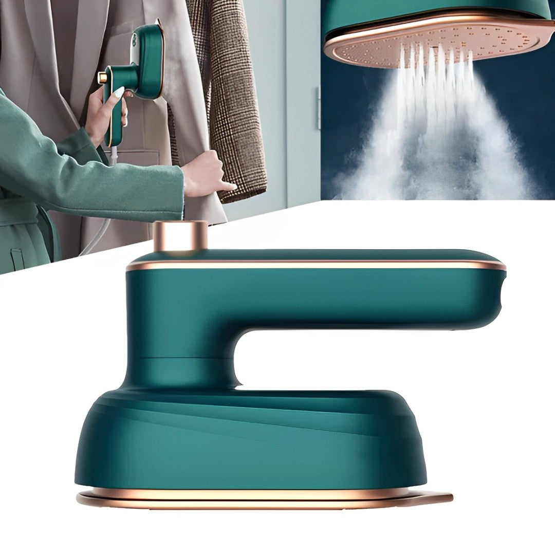 Belro mini travel steam iron for clothes, compact and portable, shown on a travel bag with fabric and clothing in the background.