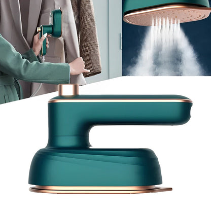 Belro mini travel steam iron for clothes, compact and portable, shown on a travel bag with fabric and clothing in the background.