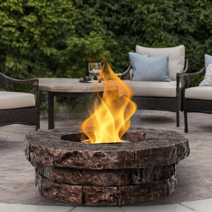 Red Barrel Studio Kimily propane outdoor fire pit with a round metal bowl and decorative base, ideal for patio heating and ambiance.