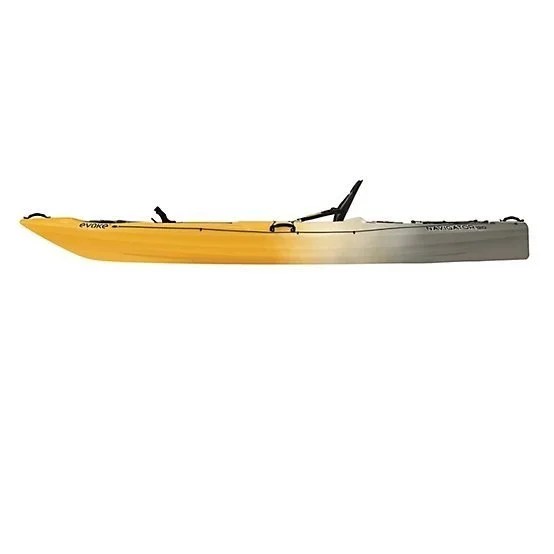 Evoke Navigator 120 sit-on fishing kayak by Casavibeo, shown in a calm water setting with paddle and fishing gear.