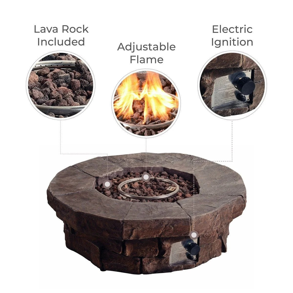 Red Barrel Studio Kimily propane outdoor fire pit by Casavibeo with a round metal bowl and decorative base, suitable for outdoor gatherings.