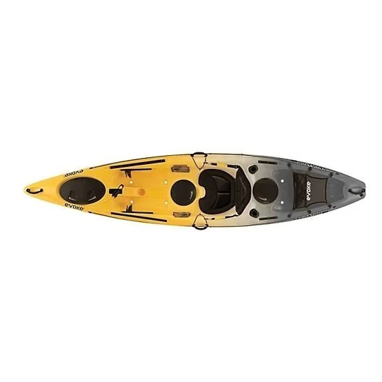 Casavibeo Evoke Navigator 120 sit-on fishing kayak shown outdoors with paddle and seating area for stable fishing adventures.