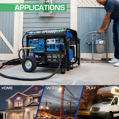 DuroMax XP13000HXT tri-fuel generator with remote start, gasoline, propane, and natural gas options, featuring a CO alert system.