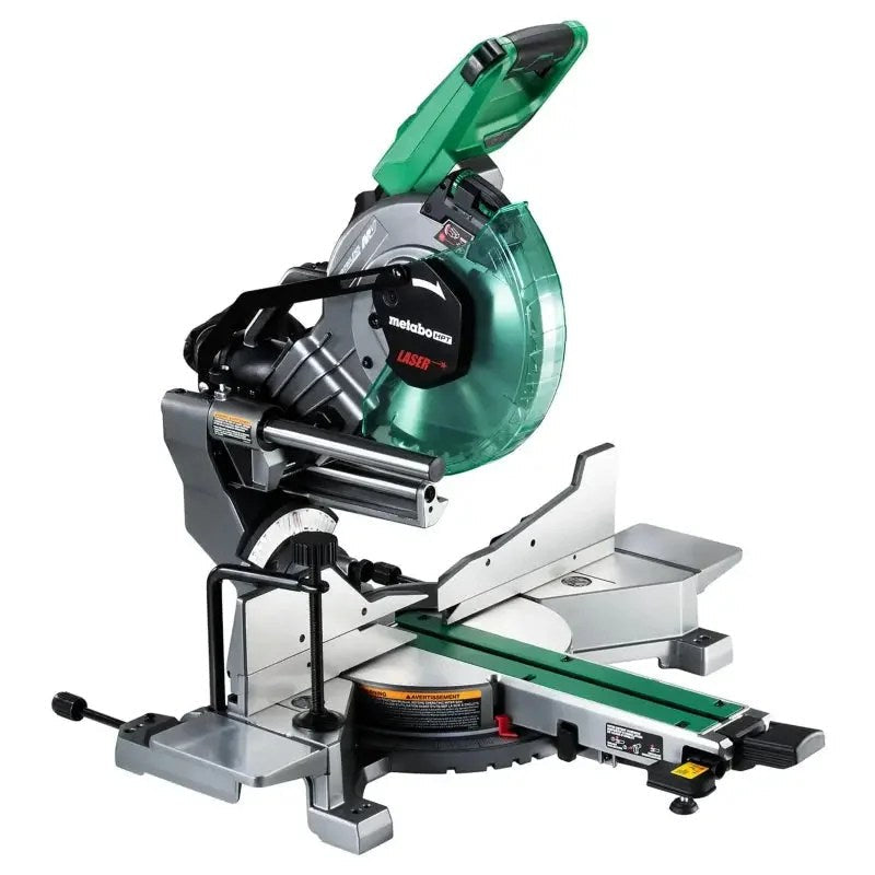Casavibeo Metabo HPT MultiVolt 36V sliding miter saw with 10-inch blade, showing the saw's blade and adjustable arm.