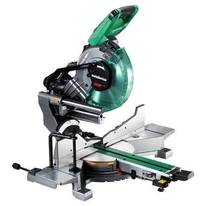 Casavibeo Metabo HPT MultiVolt 36V sliding miter saw with 10-inch blade, showing the saw's blade and adjustable arm.