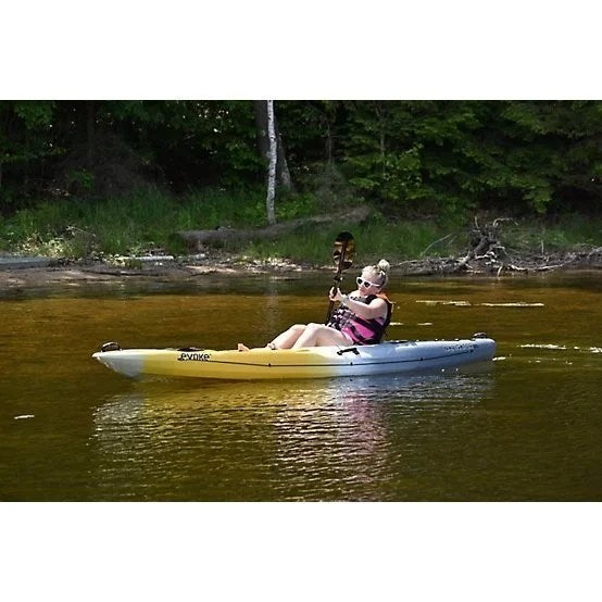 Casavibeo Evoke Navigator 120 sit-on fishing kayak with adjustable seat and paddle on calm water.