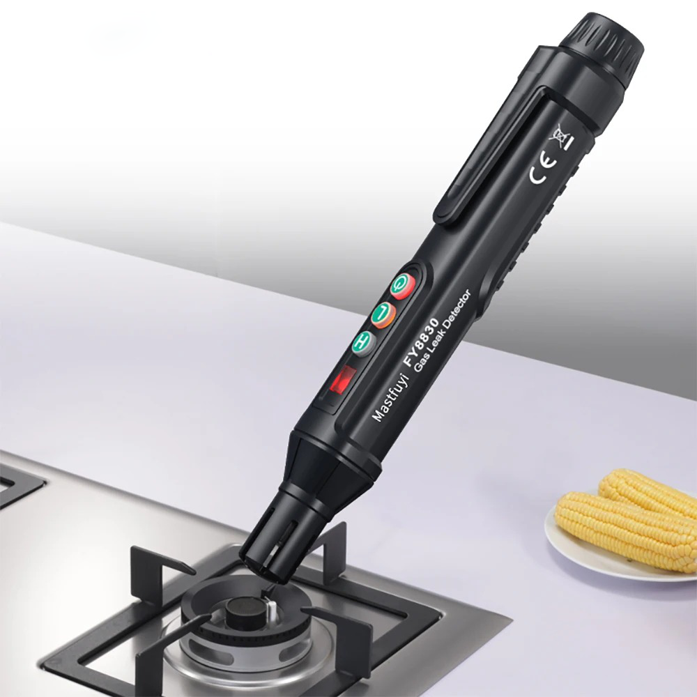 Belro gas leak detector tool used for detecting gas leaks, shown in a close-up image with digital display and sensor probe.
