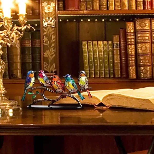 Colorful bird ornaments on a branch, decorative desktop decor by Belro for home and garden decor.