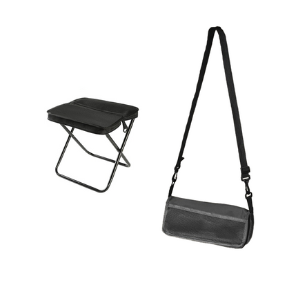Lightweight BowLift foldable backpack stool for hiking and camping, showing the portable seat in a folded and unfolded position
