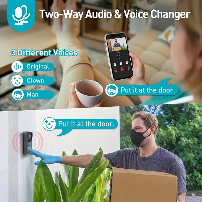 Wireless Wi-Fi video doorbell by Belro showing a sleek smart doorbell with camera and motion sensor on a modern door frame
