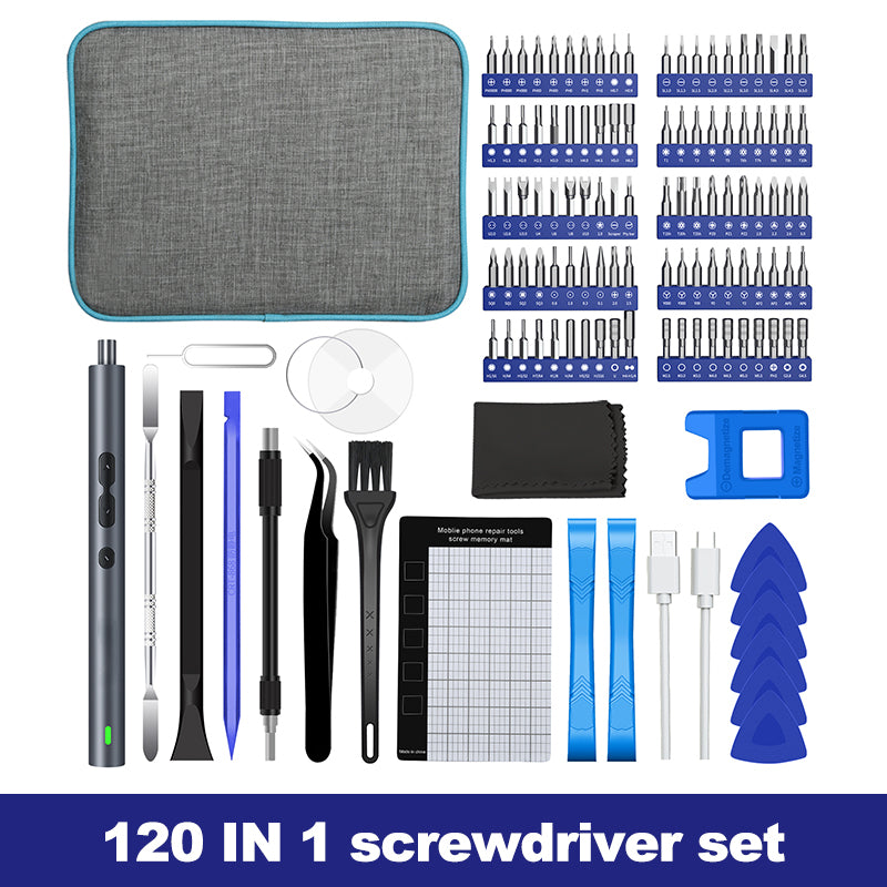 Belro Electric Screwdriver 120-in-1 set with multiple bits, ergonomic handle, and compact design for versatile DIY and repair tasks.