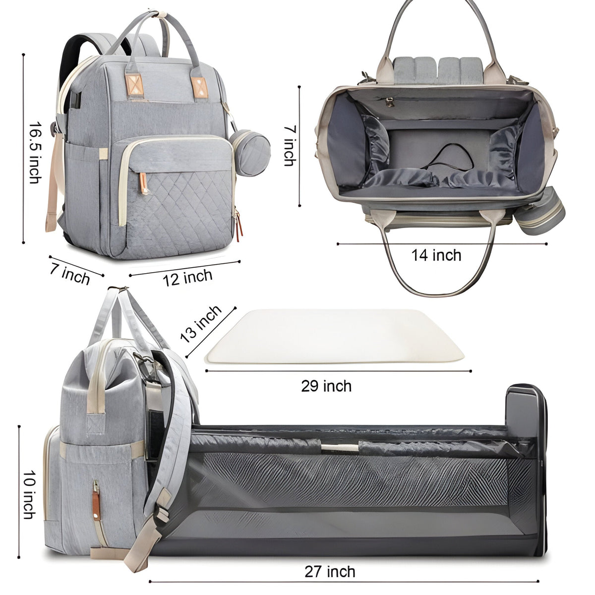 Belro changing bag with built-in travelling baby cot, black and gray bag with multiple compartments and padded straps for convenience
