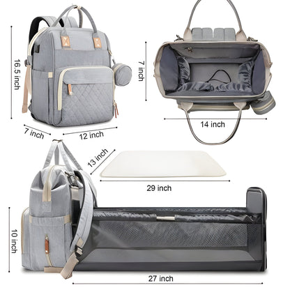 Belro changing bag with built-in travelling baby cot, black and gray bag with multiple compartments and padded straps for convenience