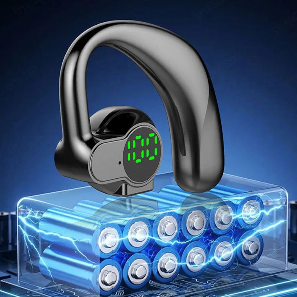 Belro wireless noise-canceling Bluetooth ear hook headphones with sleek design and in-ear fit, ideal for active listening.