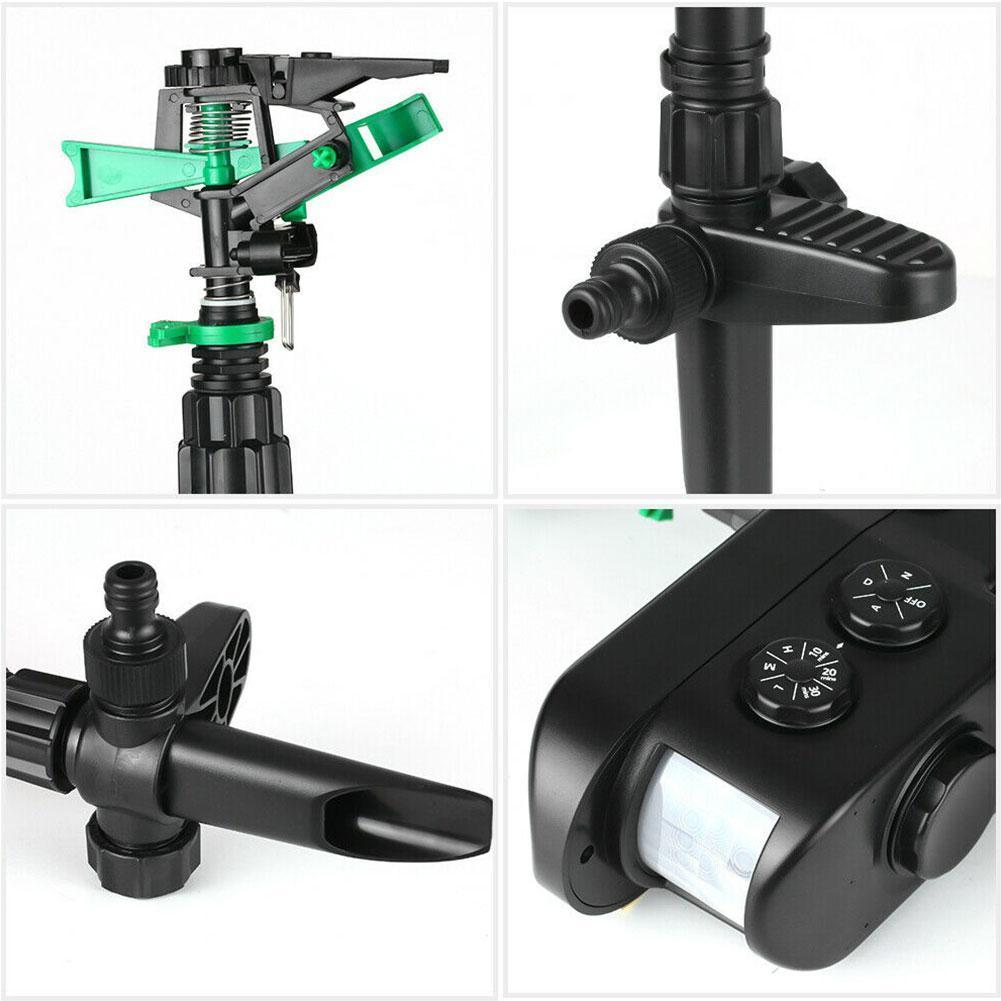 Belro solar-powered motion-activated deer sprinkler in a garden, designed for outdoor pest control to keep deer away.