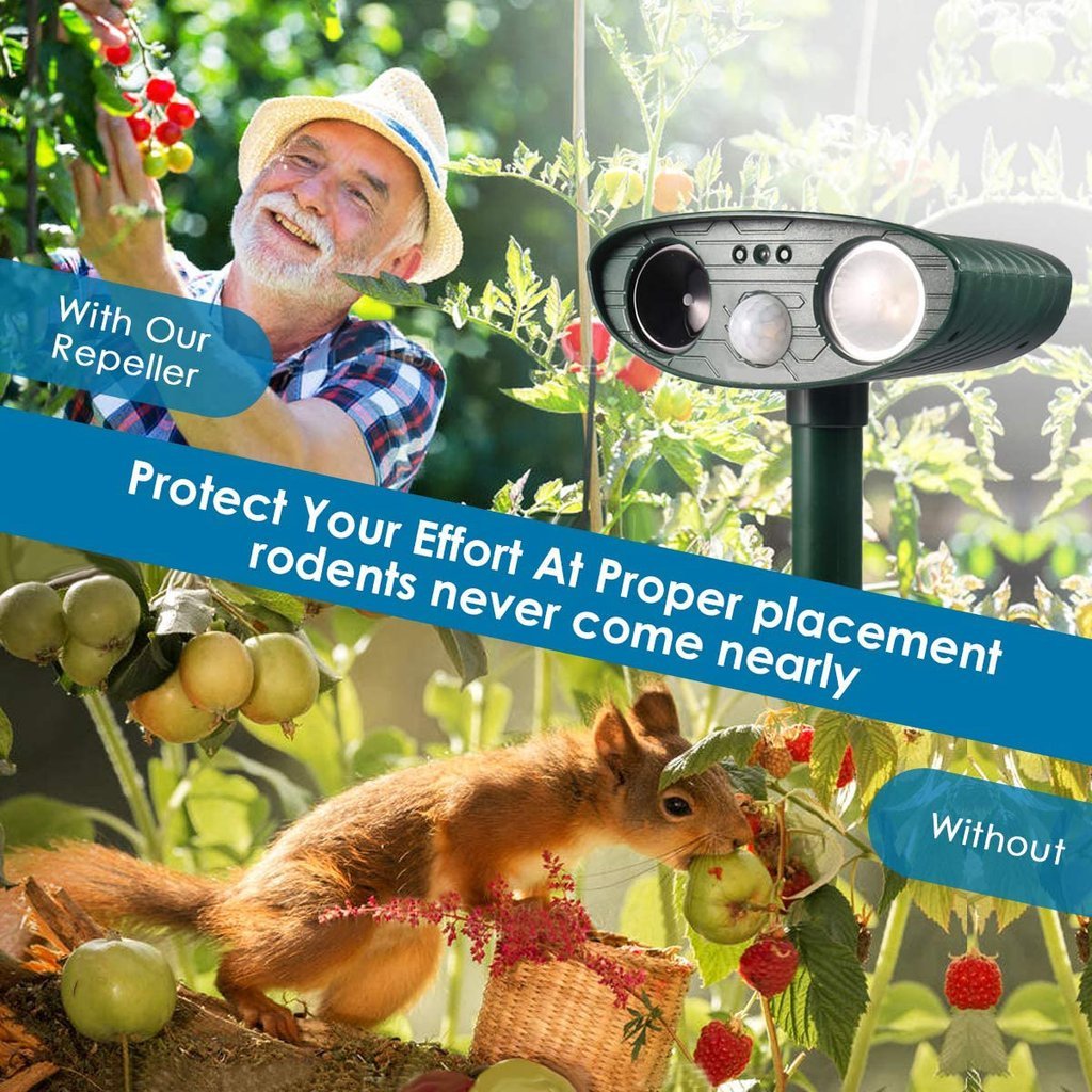 Belro outdoor solar ultrasonic dog repeller in garden, designed to deter dogs with solar-powered ultrasonic sound device.