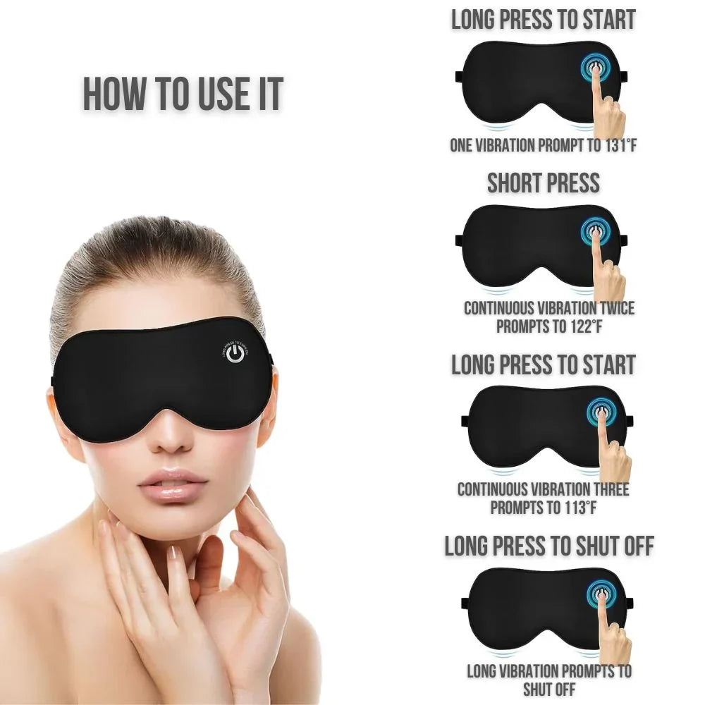Belro rechargeable heated eye mask for relaxation and comfort, featuring soft fabric and adjustable temperature controls.
