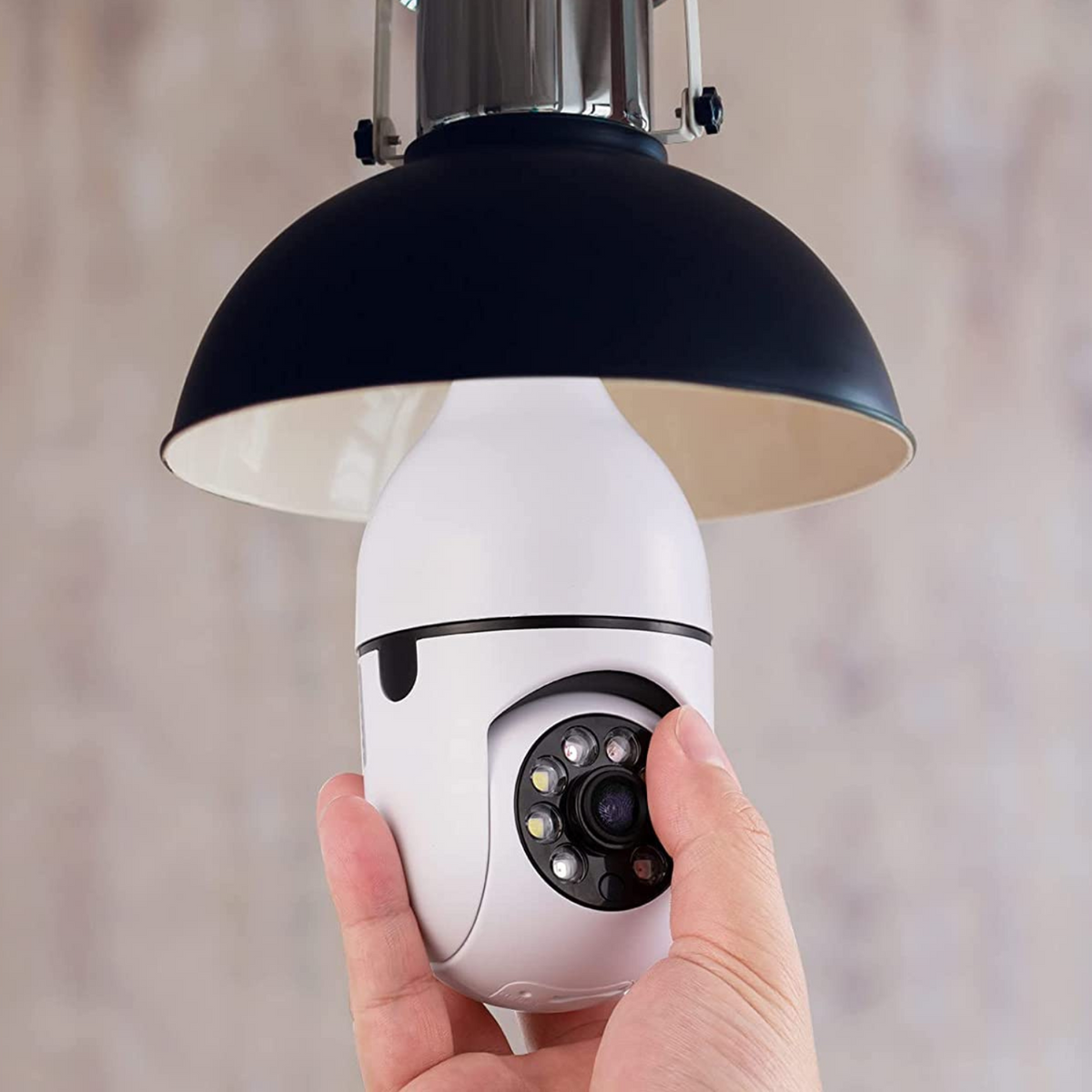 Belro Smart WiFi indoor/outdoor light bulb security camera installed in a home exterior, showing its compact design and lens.