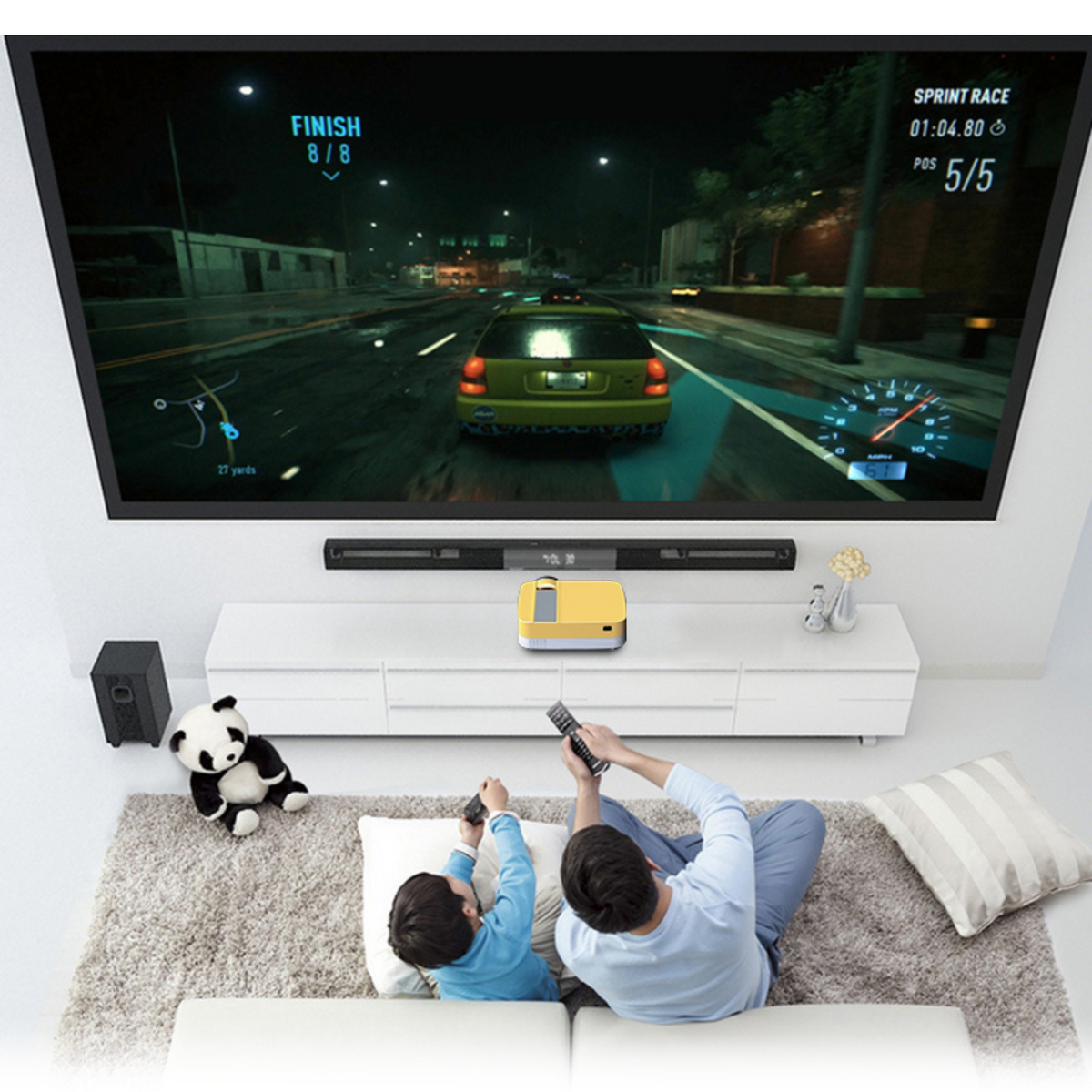Belro portable HD mini smart USB projector displaying colorful images on a wall, suitable for mobile and laptop use.