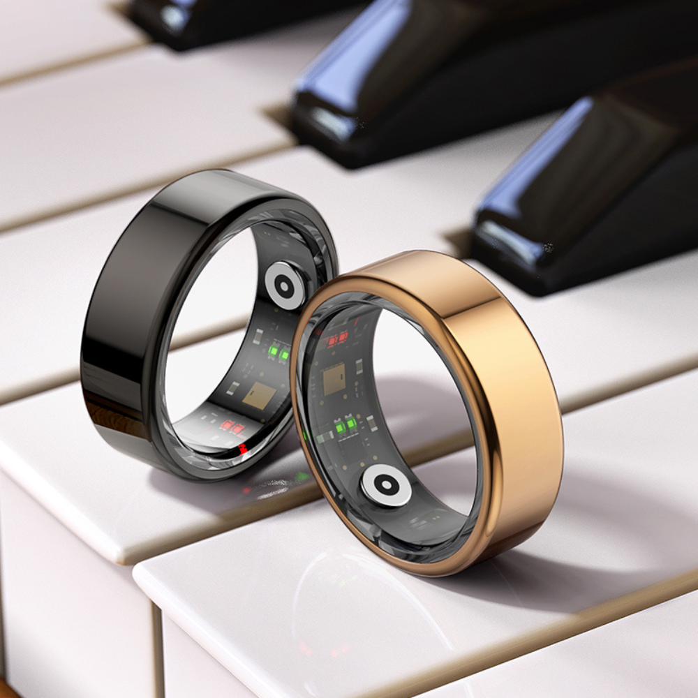 Belro smart ring for sleep and fitness tracking, shown on a person's finger, with sleek design and digital display.