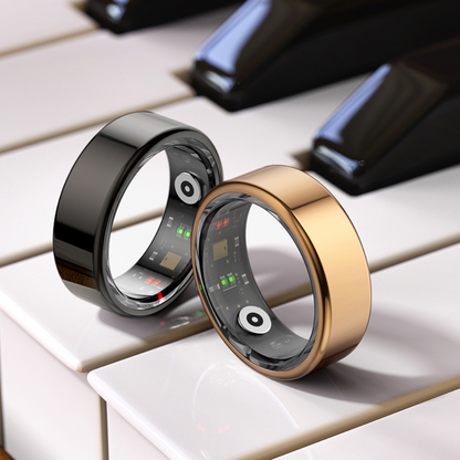 Belro smart ring for sleep and fitness tracking, shown on a person's finger, with sleek design and digital display.