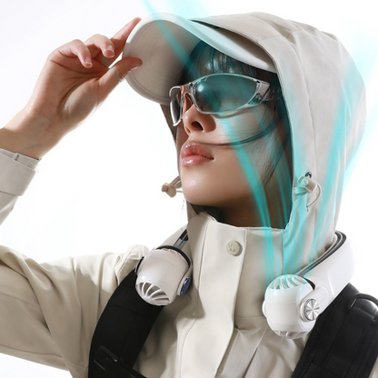 Belro wearable rechargeable summer travel neck cooling fan, lightweight outdoor personal fan for hot weather, adjustable and portable.
