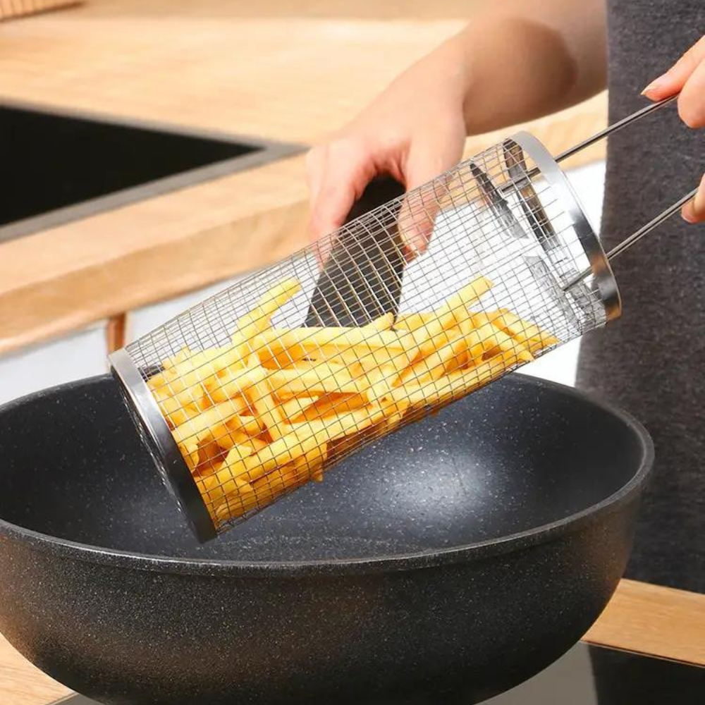 Belro stainless steel round barbecue grilling basket for outdoor cooking and grilling, ideal for grilling vegetables and meats.