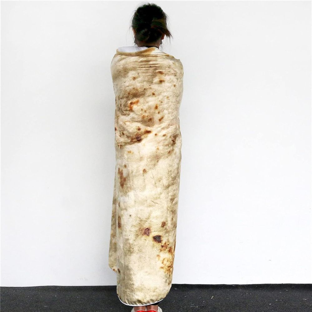 Belro burrito tortilla throw blanket resembling a colorful food-themed clothing item, perfect for cozy rainwear-inspired decor.