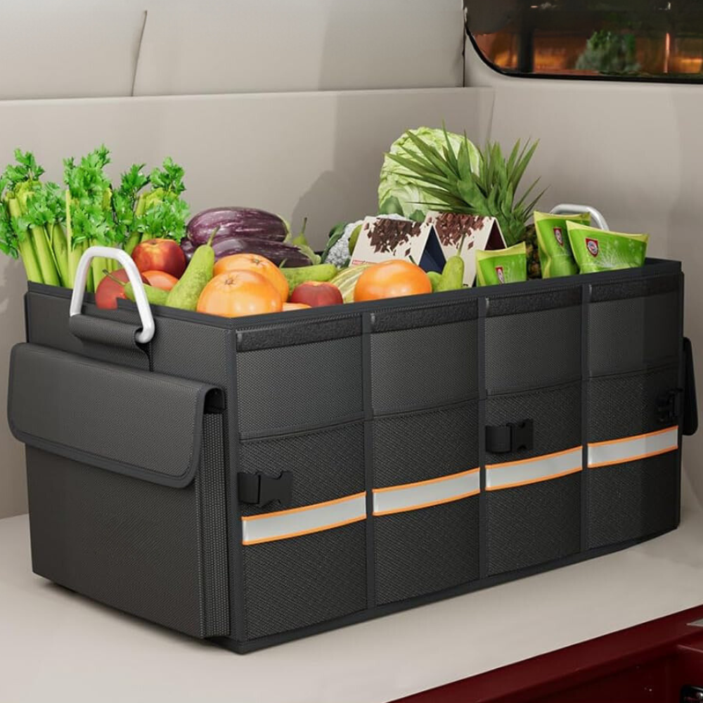 Large capacity Belro car trunk organizer with multiple compartments for vehicle storage and organization.