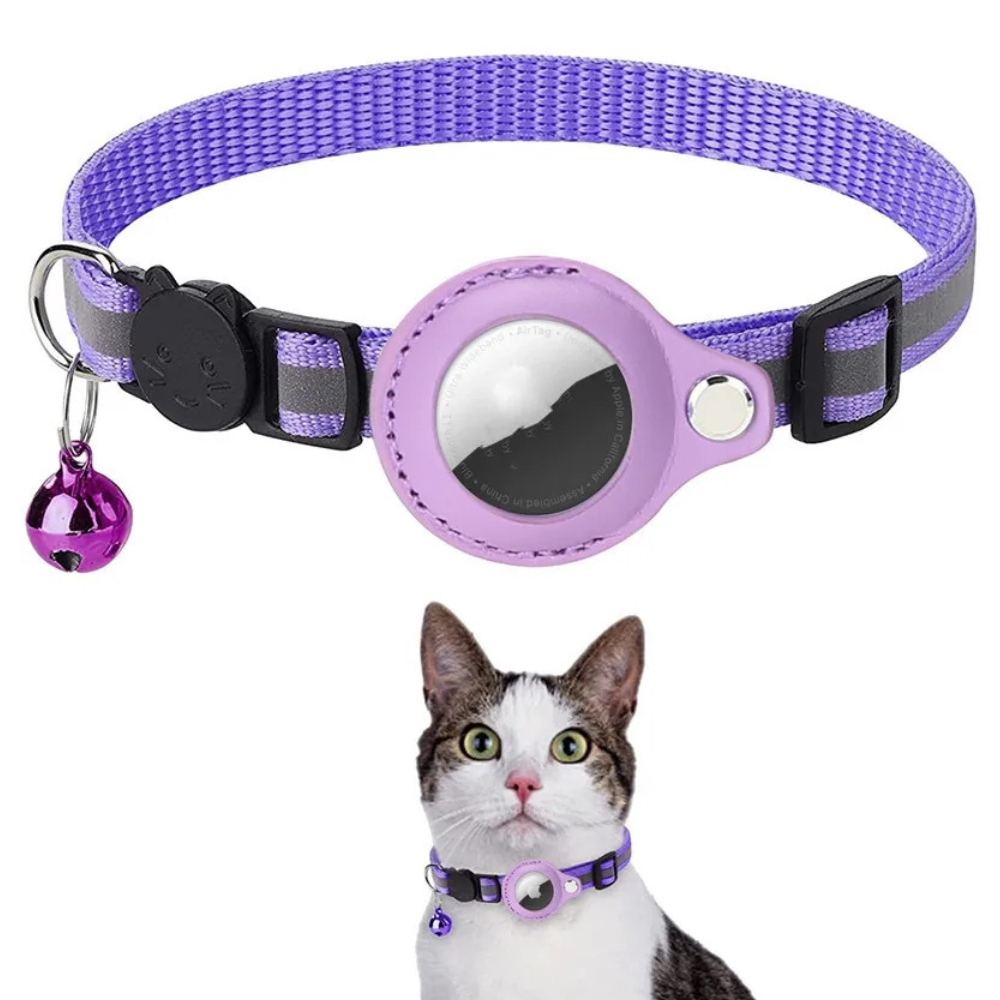 Belro waterproof reflective pet Airtag holder collar with secure strap and reflective strip for visibility during outdoor walks.