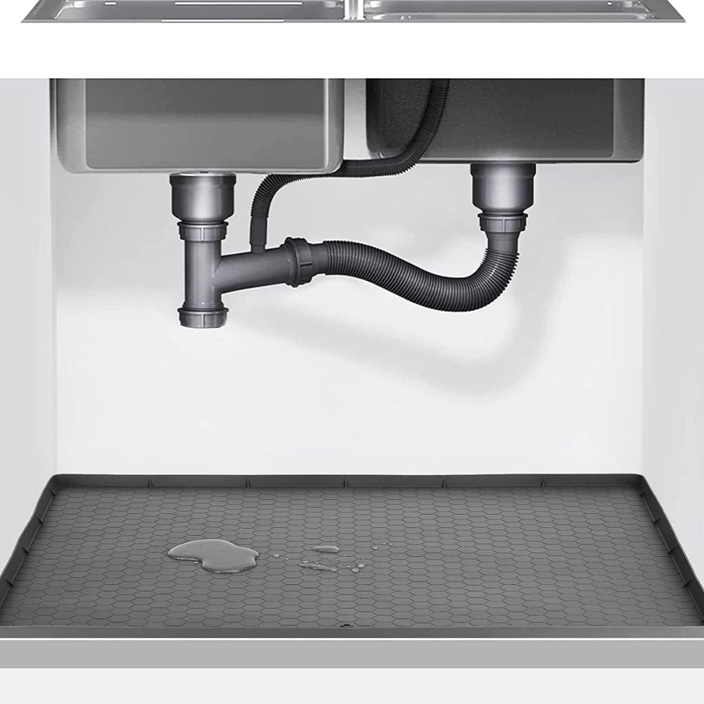 Large silicone under kitchen sink mat by Belro, protective liner with textured surface for organizing and preventing leaks.