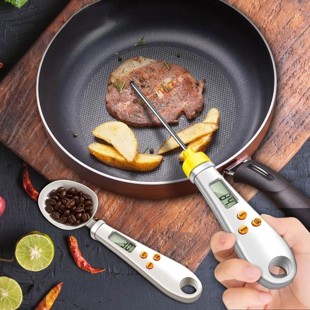 Belro 2-in-1 digital mini spoon scale and food thermometer showing a compact device with LCD display and stainless steel spoon
