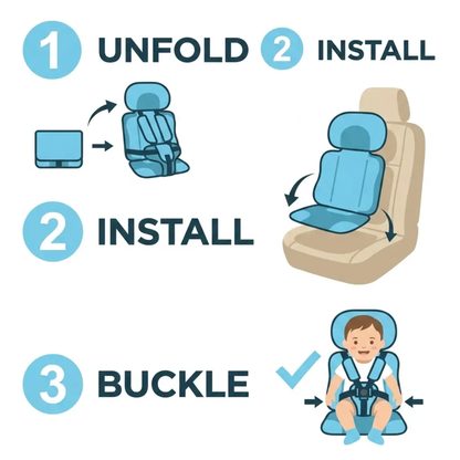 Foldable BowLift portable child car booster seat with compact travel design, safety belt, and comfortable padding for kids.