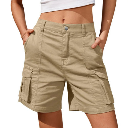 Belro women's low waist long work cargo shorts shown on a model, featuring multiple pockets and a relaxed fit.