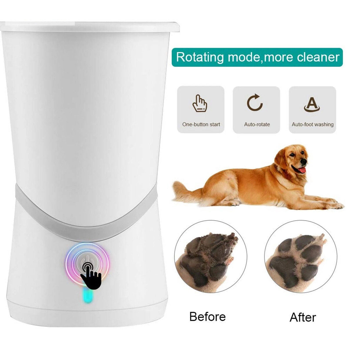 Belro automatic paw cleaner for dogs, showing a device with water and brushes designed to clean pet paws efficiently.