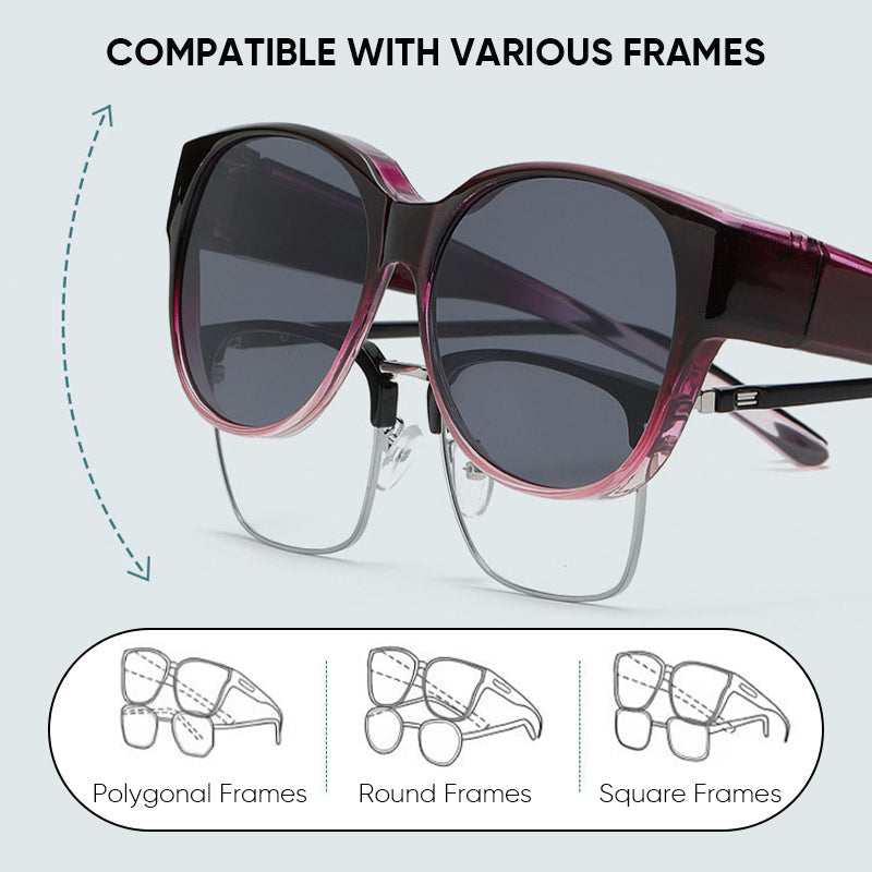 BowLift Fit-Over Sunglasses with polarized UV400 lenses, wraparound design, suitable to wear over glasses for eye protection.