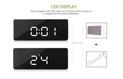 Belro digital alarm clock with smart mirror display, bedside nightlight, and modern home decor design on a desk.