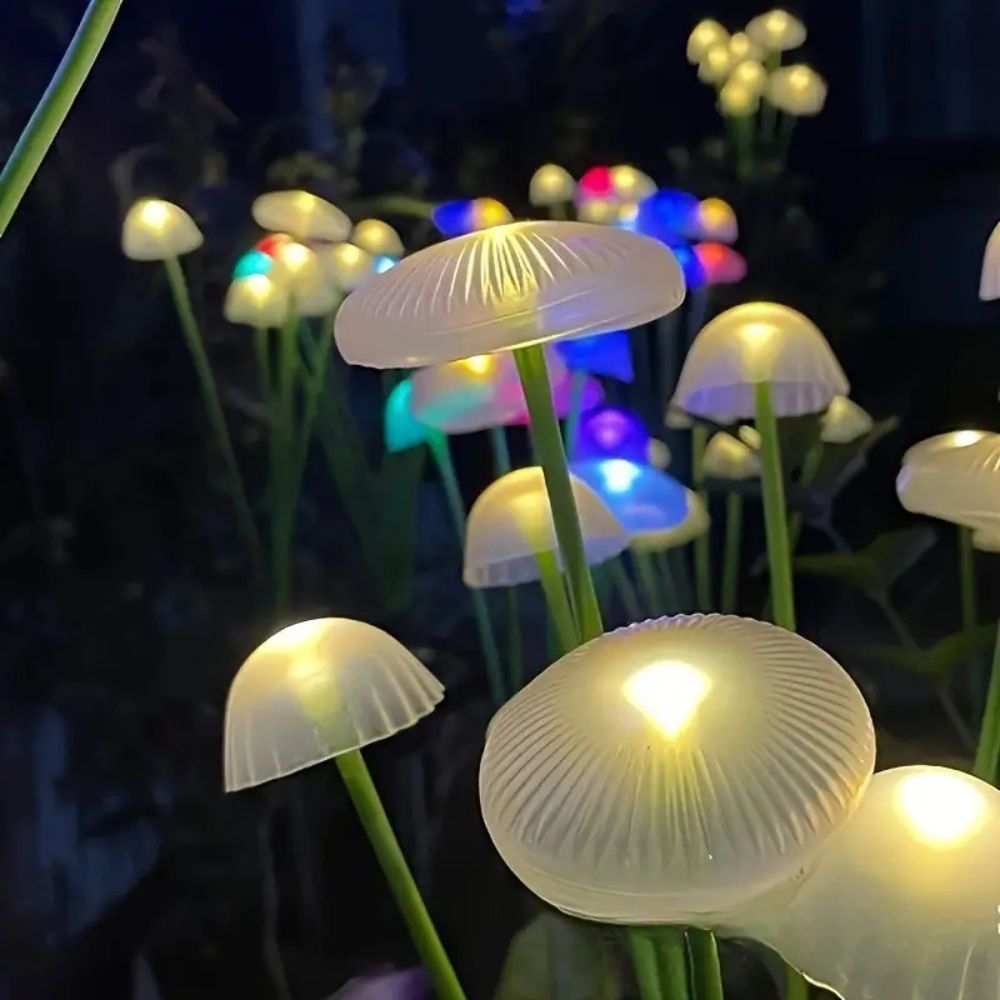 Belro Solar Swaying Mushroom garden decor lights in outdoor home and garden setting with illuminated mushroom shapes.