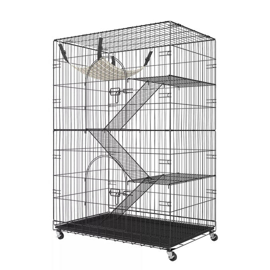 Belro indoor cat cage enclosure, shown as a spacious metal structure with multiple levels and access doors for pet safety.