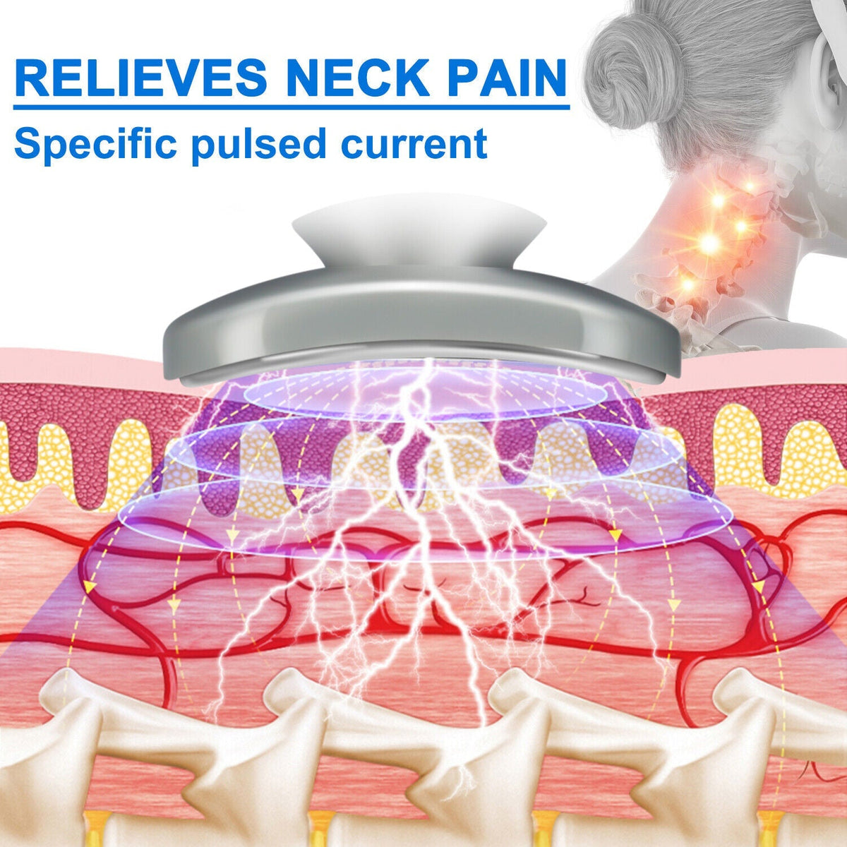 Belro electric shock pulse neck and shoulder massager with adjustable straps and control buttons, designed for relaxation and muscle relief.