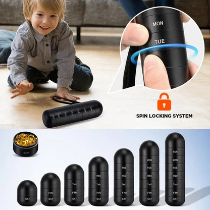 Belro aluminum 7-day portable pill organizer for travel, compact pill box with separate compartments for daily medication storage.