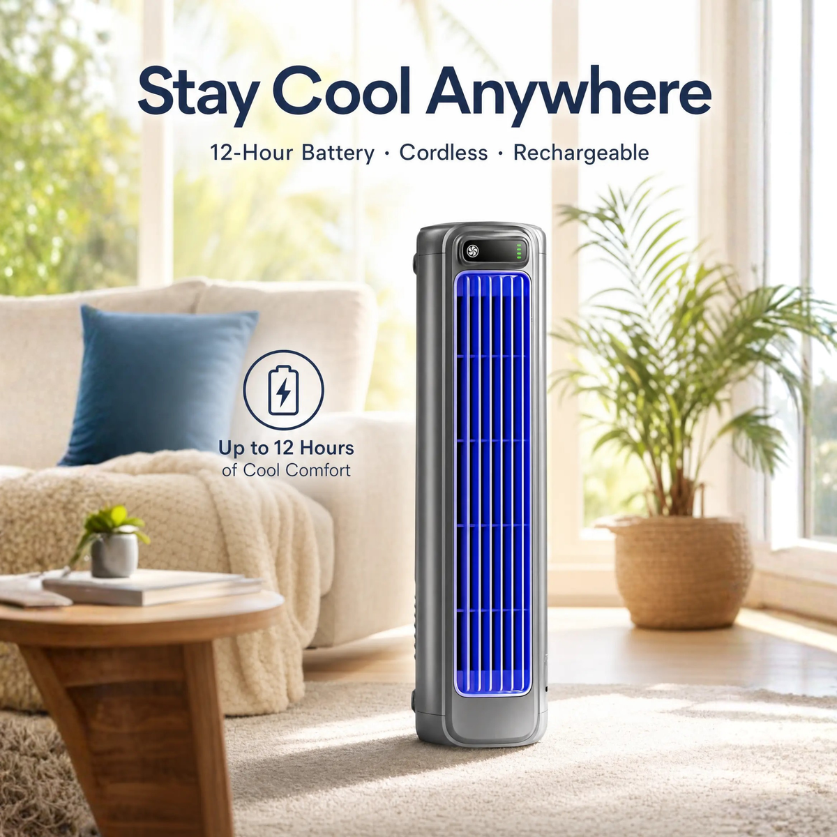 Portable rechargeable air conditioner by BowLift with 12-hour battery, compact design, and quiet operation for cooling on the go.